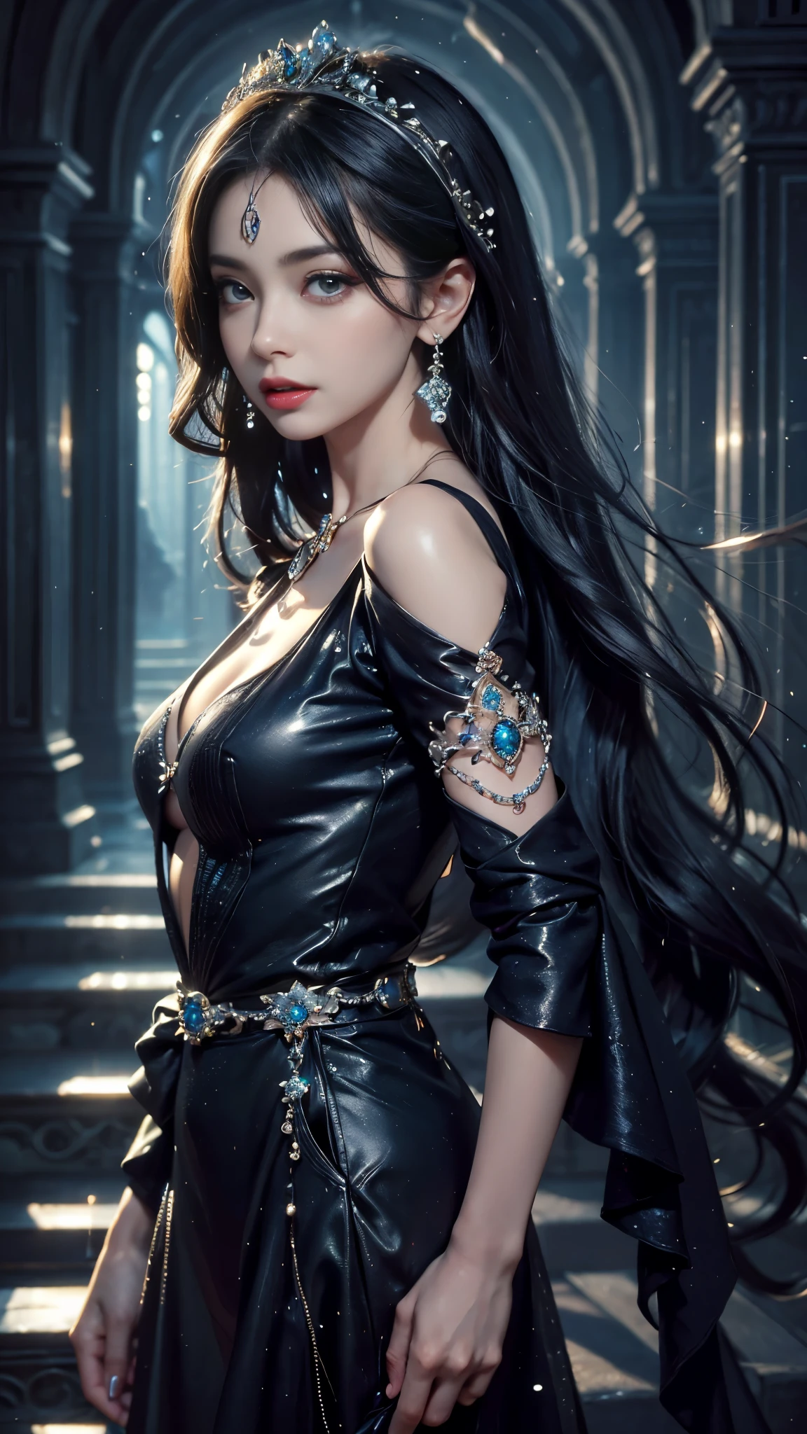8K ultra hd, masterpiece, best quality, a beautiful girl, long hair, impressive hairstyle, royal hair jewelry, pretty cute face, flawless face, jewellery earrings, antique jewellery, details eyes, beautiful eyes, meticulous makeup, thin eyebrows, beautiful detailed lips, medium breasts, princess dress, black dress, light black laces, realistic colors, magic effect, night background, look directly at the audience,