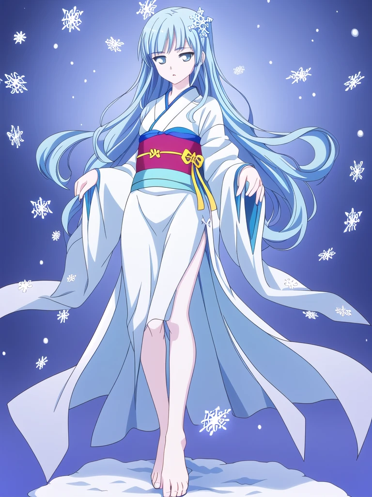 Standing portrait, full body, anime style, anime CG style, gal game CG style, pale skin, single woman, woman around 40 years old, adult woman, mature woman, pastel blue hair, long hair, standard bust, normal bust, medium bust, snowflake hair ornament, snowflake accessories, snow patterned kimono, women's geta, bare feet, masterpiece, high resolution, high quality, plain transparent background,