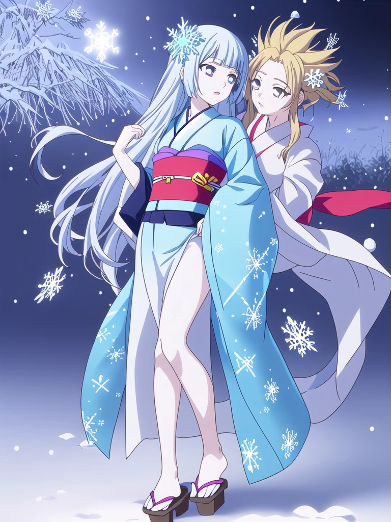 Standing portrait, full body, anime style, anime CG style, gal game CG style, pale skin, single woman, woman around 40 years old, adult woman, mature woman, pastel blue hair, long hair, standard bust, normal bust, medium bust, snowflake hair ornament, snowflake accessories, snow patterned kimono, women's geta, bare feet, masterpiece, high resolution, high quality, plain transparent background,