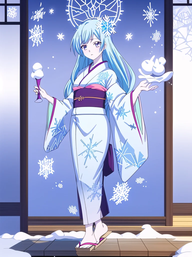 Standing portrait, full body, anime style, anime CG style, gal game CG style, pale skin, single woman, woman around 40 years old, adult woman, mature woman, pastel blue hair, long hair, standard bust, normal bust, medium bust, snowflake hair ornament, snowflake accessories, snow patterned kimono, women's geta, bare feet, masterpiece, high resolution, high quality, plain transparent background,