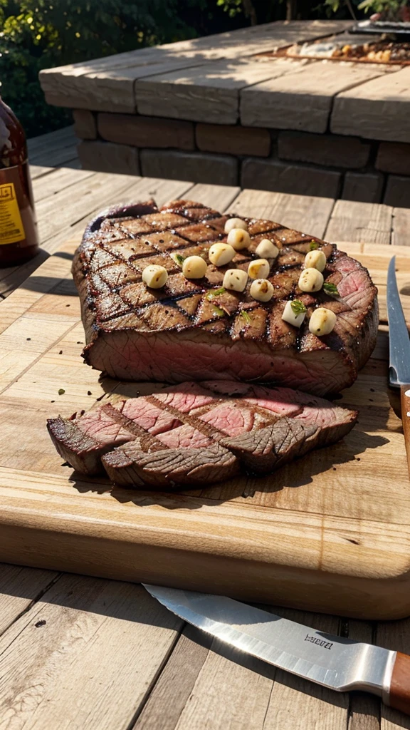 a high quality photo of a wooden cutting board with a steak knife on top, in a backyard barbecue setting, warm natural lighting, detailed textures, photorealistic, warm tones