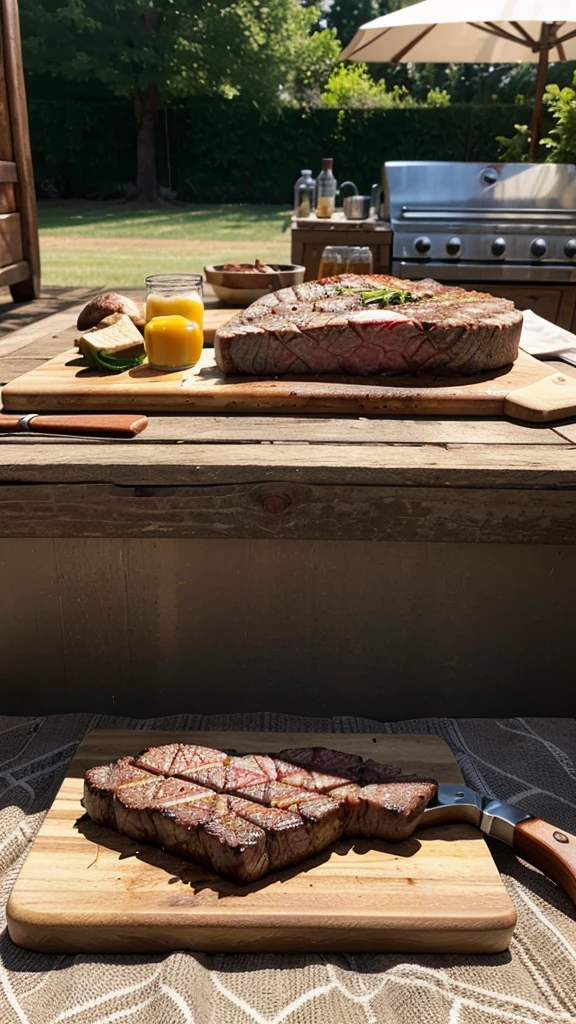 a high quality photo of a wooden cutting board with a steak knife on top, in a backyard barbecue setting, warm natural lighting, detailed textures, photorealistic, warm tones