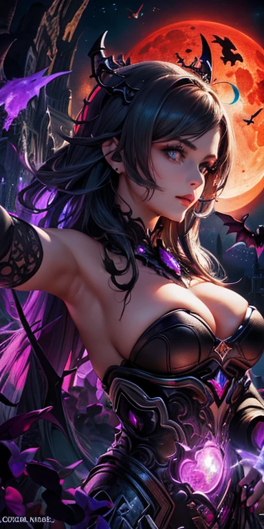 Fine Art, (Best Illustration), 8k Resolution, (Intricate Details:1.2), Best Quality, Realistic, Ultra Detailed, Best Lighting, Best Shadows, Ultra HD, Busty Female Necromancer, Night Magic, Dark Style, Vampire Bats Flying in the Castle Background, Purple glowing eyes, Blood moon rising against the sky, (Amber and Teal Color palette)