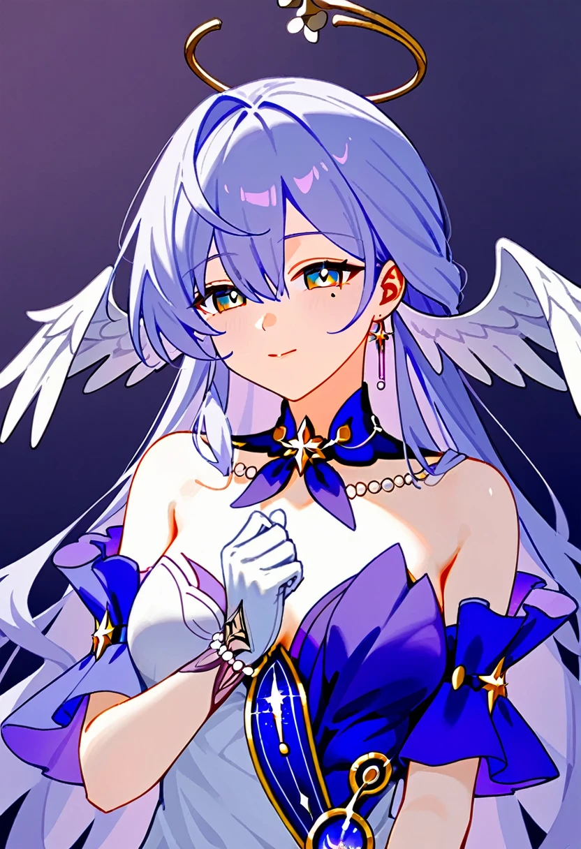 1girl, robin_\(honkai:_star_rail\), bare_shoulders, head_wings, white_dress, white_gloves, detached_sleeves, short_sleeves, aqua_eyes, long_hair, halo, purple_dress, hair_between_eyes, earrings, purple_hair