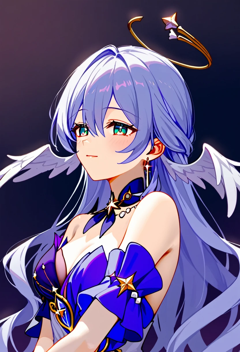 1girl, robin_\(honkai:_star_rail\), bare_shoulders, head_wings, white_dress, white_gloves, detached_sleeves, short_sleeves, aqua_eyes, long_hair, halo, purple_dress, hair_between_eyes, earrings, purple_hair