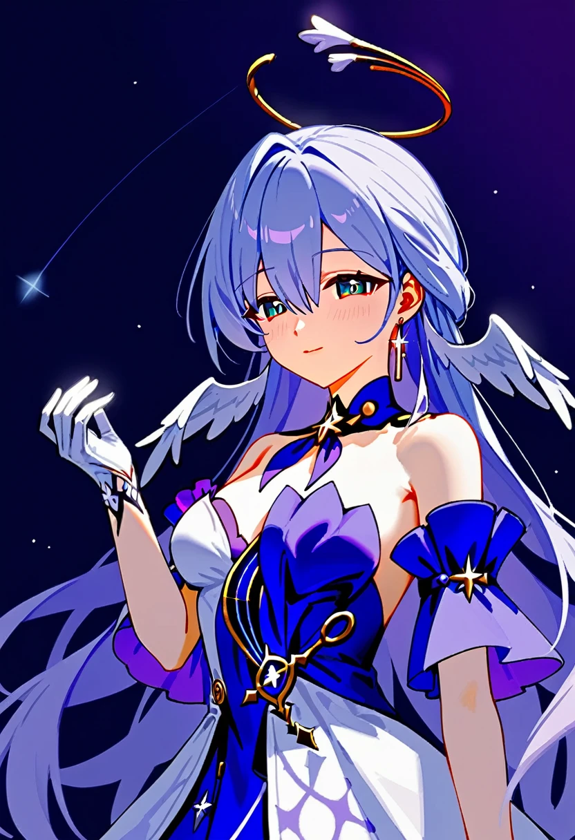 1girl, robin_\(honkai:_star_rail\), bare_shoulders, head_wings, white_dress, white_gloves, detached_sleeves, short_sleeves, aqua_eyes, long_hair, halo, purple_dress, hair_between_eyes, earrings, purple_hair