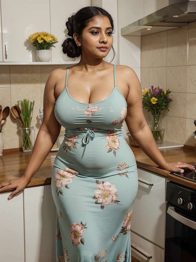 Sri lankan aunty 42 years old curvy body sexy figure fat body hairbun wearing flower pattern tight long  dress at kitchen 