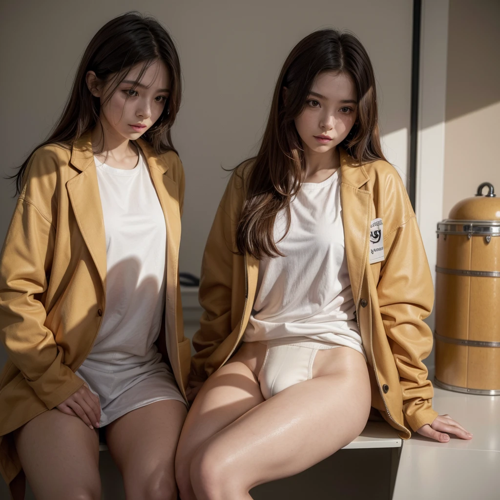(work of art:1.4), (best qualityer:1.2), podemos sangah, 1 girl, white shirt, brown jacket, hair orange, trunk, penis of 20 centimeters