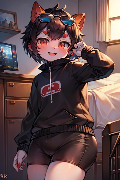 Devil,Devil horns,1 girl, cute cute cute, lolii,hapappy happy,black jacket,sunglasses,cartoon character,pop style,black hot pants,Break thick eyebrows,black hair,short hair,perfect hands,perfect face,Break on my room,gaming PC,detailed background,8k quality,Break she plays PC game.,Break masterpiece,best quality,super detailed,super fine illustration,8k quality,anime style,detailed background,beautiful background,cute angle,