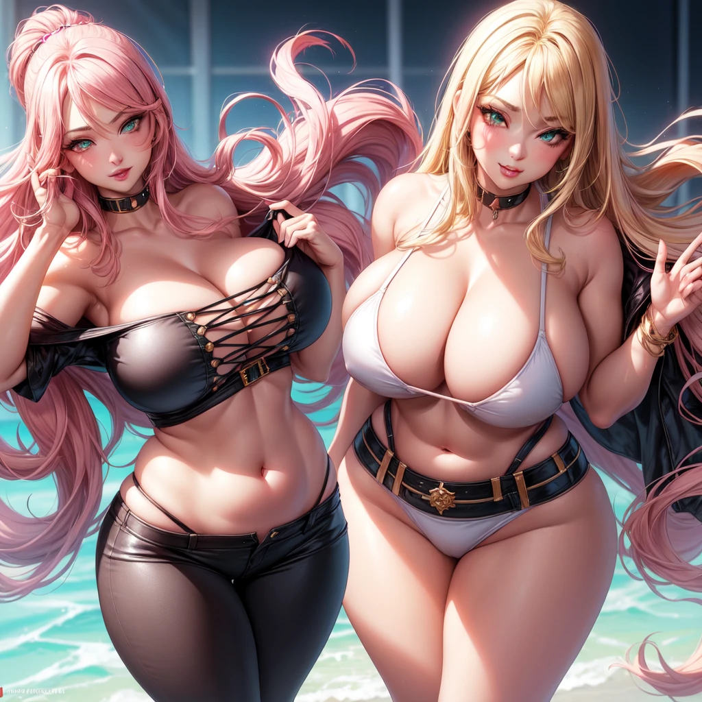 ((1 girls), solo, Big round breasts, trendy, stylish, clevage, thighs, hips, realistic, pink hair, blonde hair, light green eyes, lip gloss, detailed face, amazing big eyes, eye details, big lips, eyebrow details, blush, confident, dominant, bdsm, smirk, naughty, mischevious face, HD, good quality, curvy, standing up, thick thighs, attractive, amazing body, perfect body, slim thick, bedroom, bikini