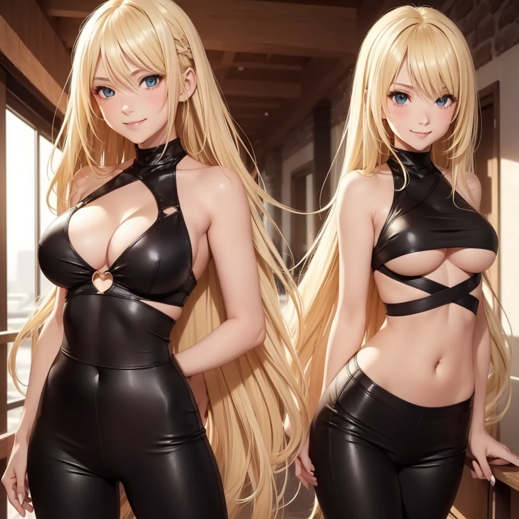 1girl only, smile, ((long blonde hair, Between dates.)), low-cut black crop top, (( is visible.)), medium breasts,leggings, sarcastic, shy, blushing, ((light skin))
