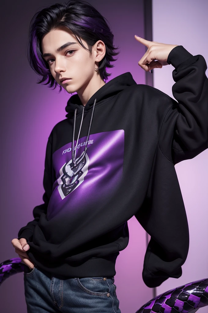 A boy with a bad face in a black and purple gradient sweatshirt, he also has pointy hair that is purple at the ends, he also has a bad face, he has black jeans and boots and he also has a staff made of a snake at the top. of the staff has a red shiny pearl