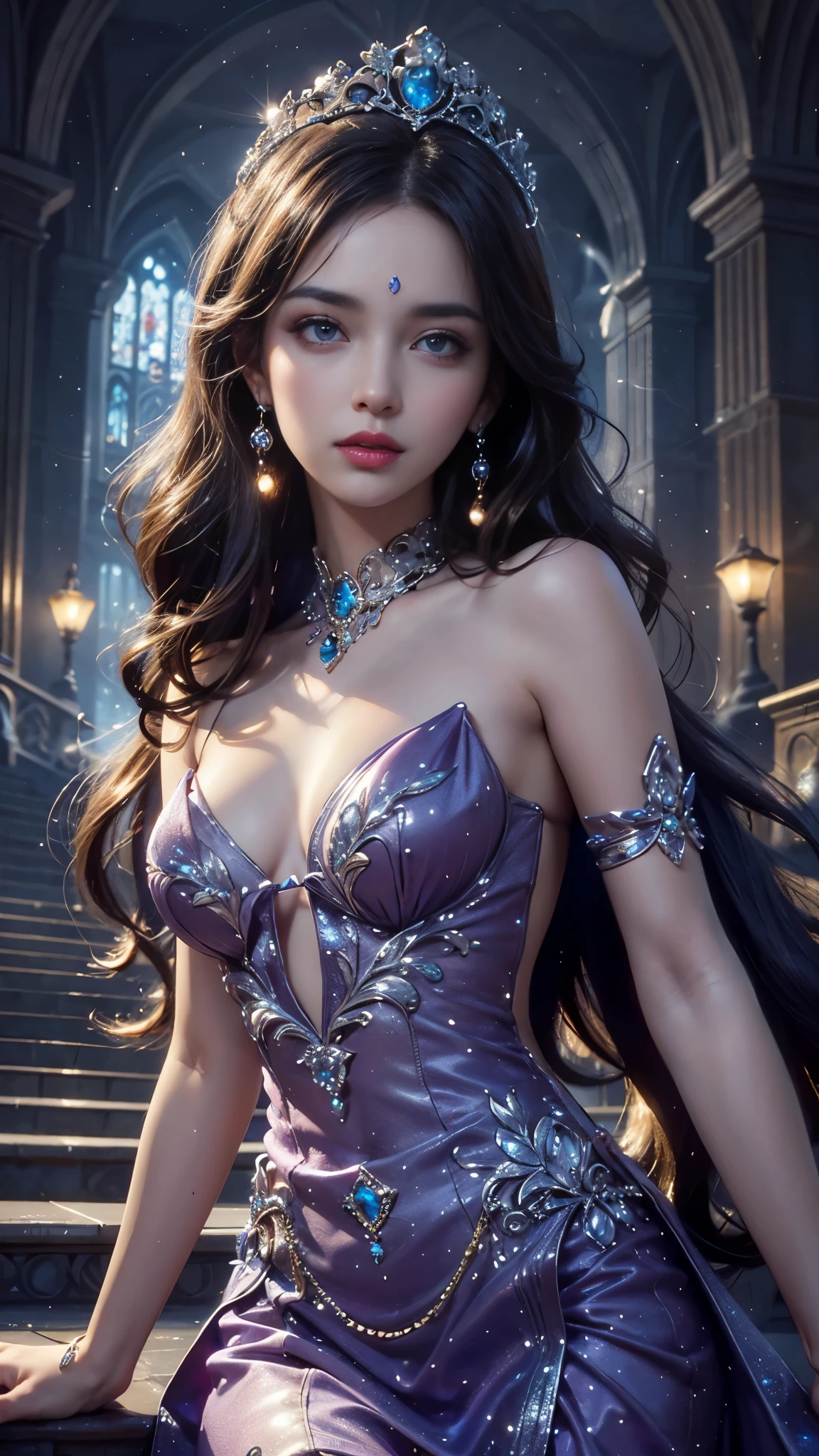 8K ultra hd, masterpiece, best quality, a beautiful girl, long hair, impressive hairstyle, royal hair jewelry, pretty cute face, flawless face, jewellery earrings, antique jewellery, details eyes, beautiful eyes, meticulous makeup, thin eyebrows, beautiful detailed lips, medium breasts, princess dress, purple dress, light purple laces, realistic colors, magic effect, night background, look directly at the audience,