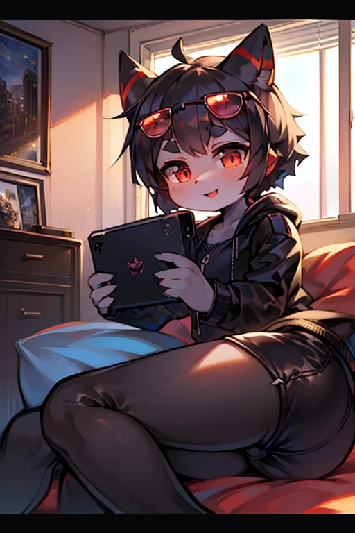 Devil,Devil horns,1 girl, cute cute cute,loli loli loli,happy happy happy,black jacket,sunglasses,cartoon character,pop style,black hot pants,Break thick eyebrows,black hair,short hair,perfect hands,perfect face,Break on my room,gaming PC,detailed background,8k quality,masterpiece,best quality,.Break she plays PC game.,Break masterpiece,best quality,super detailed,super fine illustration,8k quality,anime style,detailed background,beautiful background,cute angle,