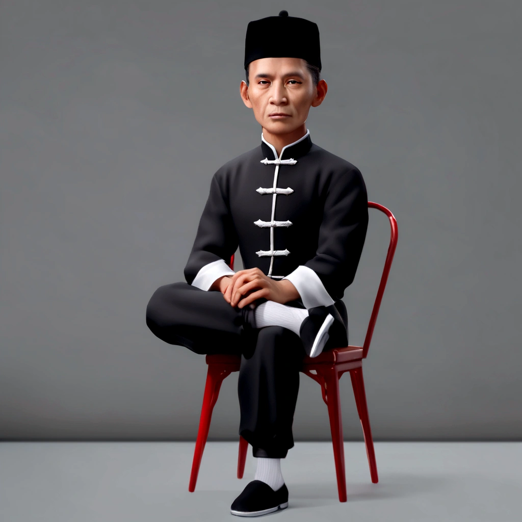 Realistic 5D caricature image of an Indonesian man with full body, short hair, black skullcap, oval face, black long-sleeved Changshan shirt, shirt sleeves rolled up to the elbows. white trim shirt edges, white trim collar edges, white sleeve edges. black wushu pants, black elastic ankle pants, white socks, black traditional Chinese slip-on shoes (Wing Cun shoes). sitting on a chair with a red curtain background, sitting on a red chair (red armrests), sitting on a chair with your legs crossed, left leg on top of your right leg, both hands in your lap. Detailed HD quality 5D cinematic rendering