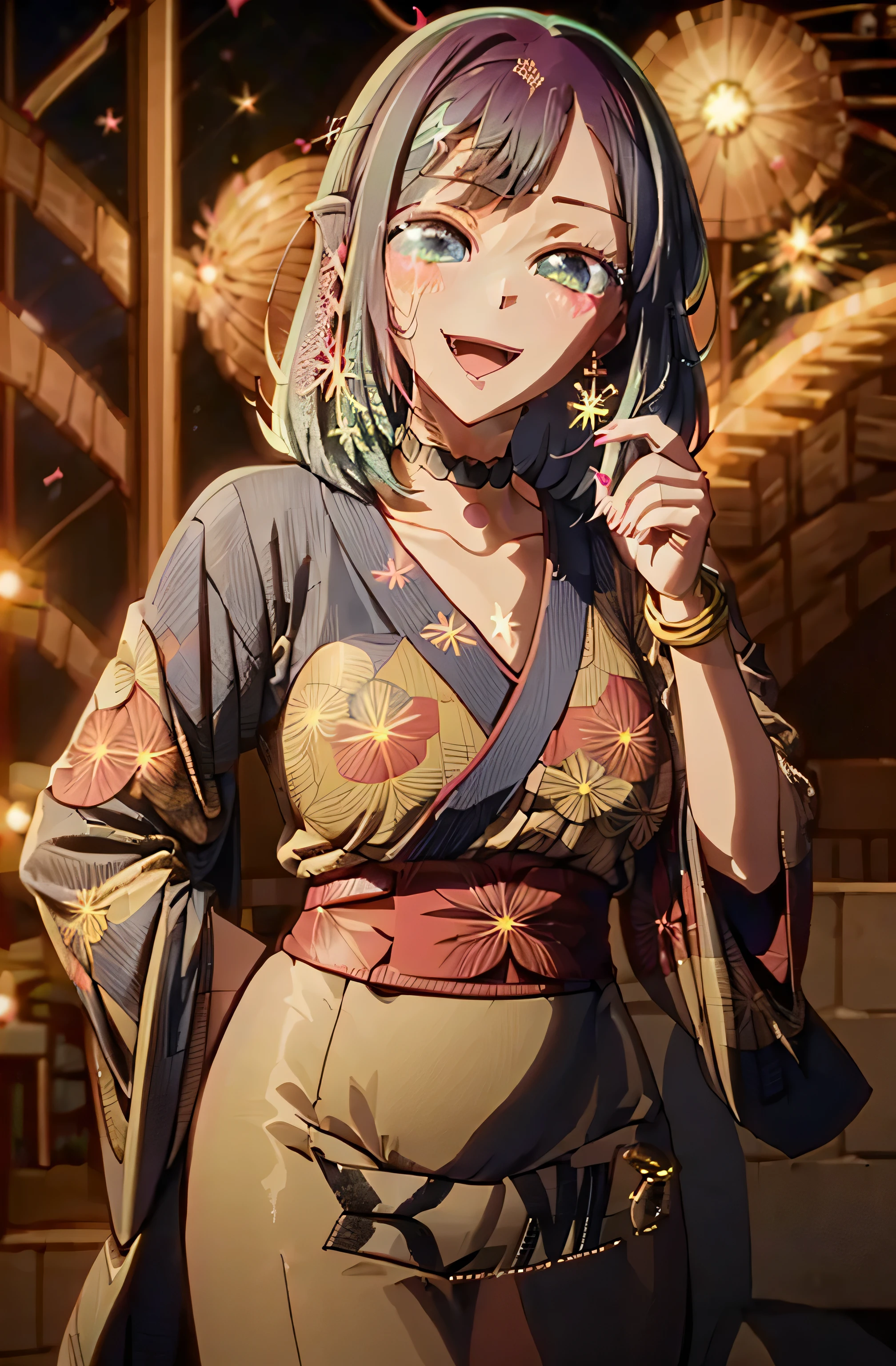 (A person's woman)), beautiful face, (Laughing embarrassed), (affected smile), ((wink:2.0)), laughs with mouth wide open,((bright red cheeks:1.4)),Bright red lips, night,ceiling,festivals,fireworks,bright red lips,facial lighting,((anime style background)),Masterpiece,top quality,very beautiful,Intricate and updated details,(long pink nails),(ring),( bracelet),(choker),AI generated, complex,high resolution, maximum quality, super high quality,3D Images,3D Images,a person,Short blue hair. , (blue eyes), ((fine grain, bright eyes: 1.4)), (squint: 1.1), Anime Women posing for photos, a hyperRealistic, hyperRealistic, Realistic, anime women, soft anime cg art, A woman dressed in a colorful kimono with gold embroidery, (Long-sleeved black kimono), Red floral pattern, Long hair ornament with flowers, Earrings, mature body, (big breasts: 1.1), Tall, abdominal muscles, narrow waist, (Zoom on face: 1.6),
