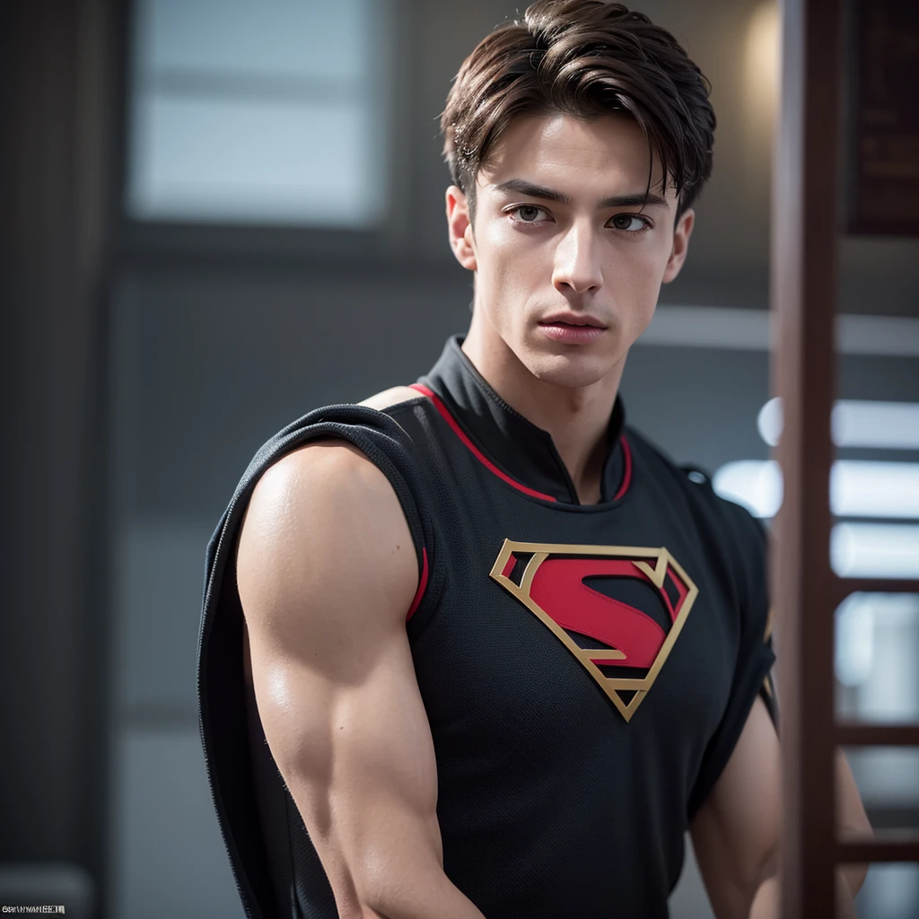 Kai Havertz as Super man in DC style, Nolan movie style, detailed suit, Germany flag stamped on the super man chest, muscular body, piercing eyes, chiseled jawline, heroic pose, dramatic lighting, cinematic composition, rich color palette, gritty realism, ultra-detailed, (best quality,4k,8k,highres,masterpiece:1.2),ultra-detailed,(realistic,photorealistic,photo-realistic:1.37)