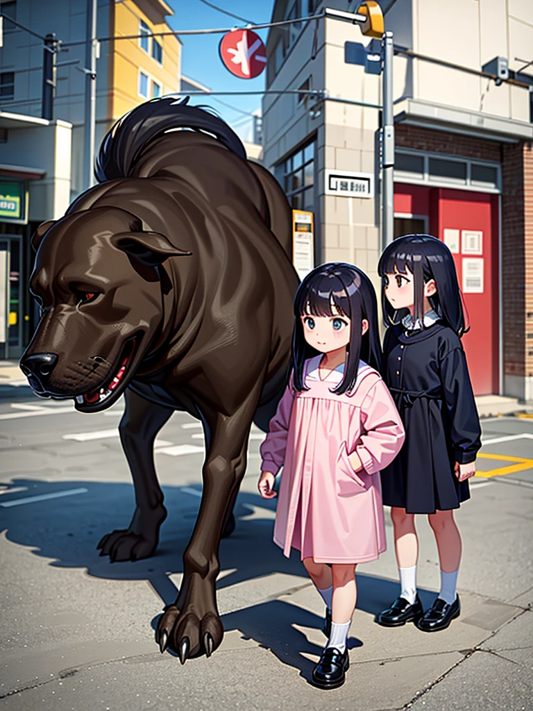 Kindergarten children walking alongside a large dog、girl