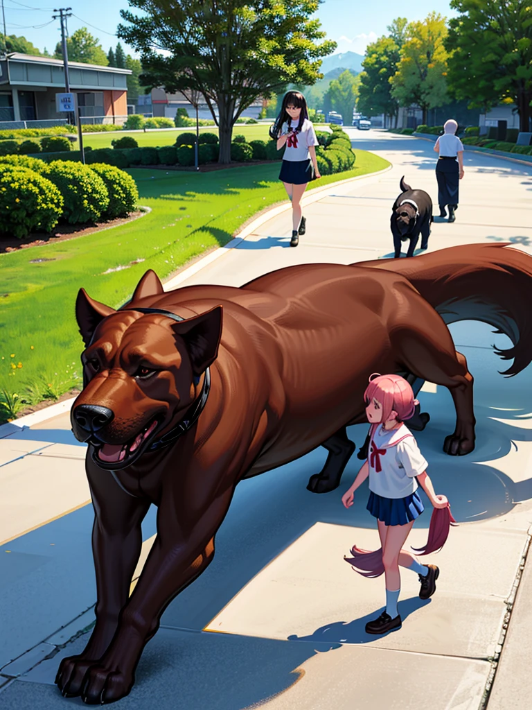 Kindergarten children walking alongside a large dog、girl