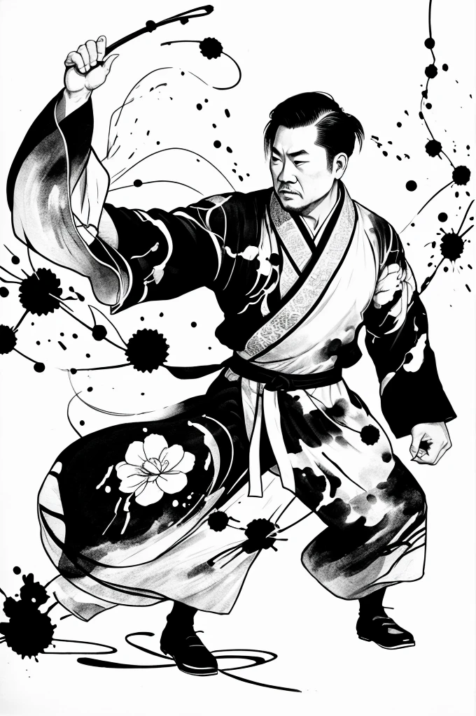 Bloom, monochrome, ink sketch, 1 chico, asian (middle aged man),fighting stance, looking at the viewer, wide, by the floating, hanfu, Chinese clothing, long sleeves, (abstract ink splash:1.2), White background