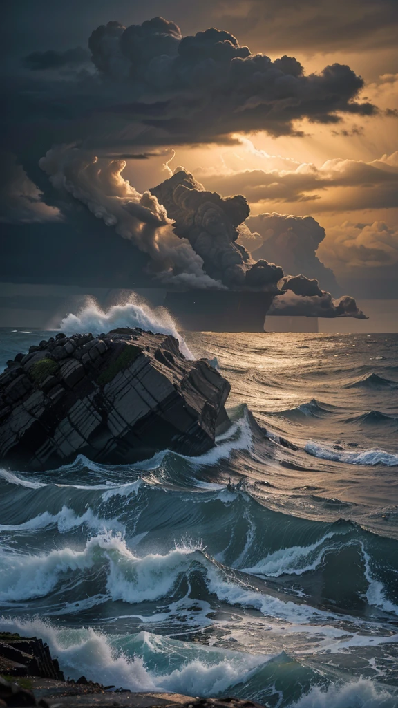 A realistic image of a stormy sea, with waves crashing against the rocks. The sky is dark, with flashes of lightning illuminating the turbulent waters.