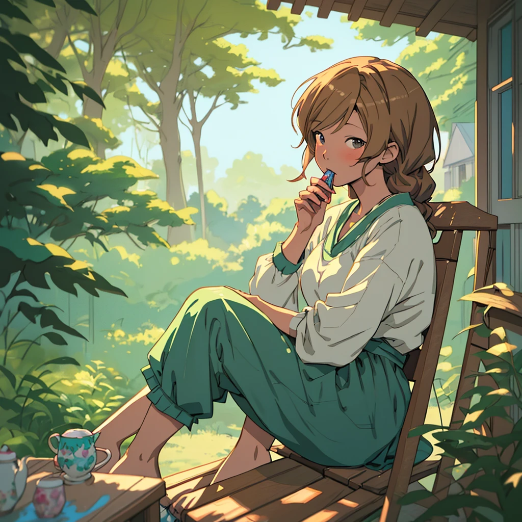 black anime girl sitting on a porch holding a phone /is painted in anime painter studio, anime lush john 8k woods, marin kitagawa fanart, anime illustration, detailed fanart, lofi girl, digital anime illustration, drinking tea, soft anime illustration, lofi portrait, anime visual of a cute girl, relaxing concept art