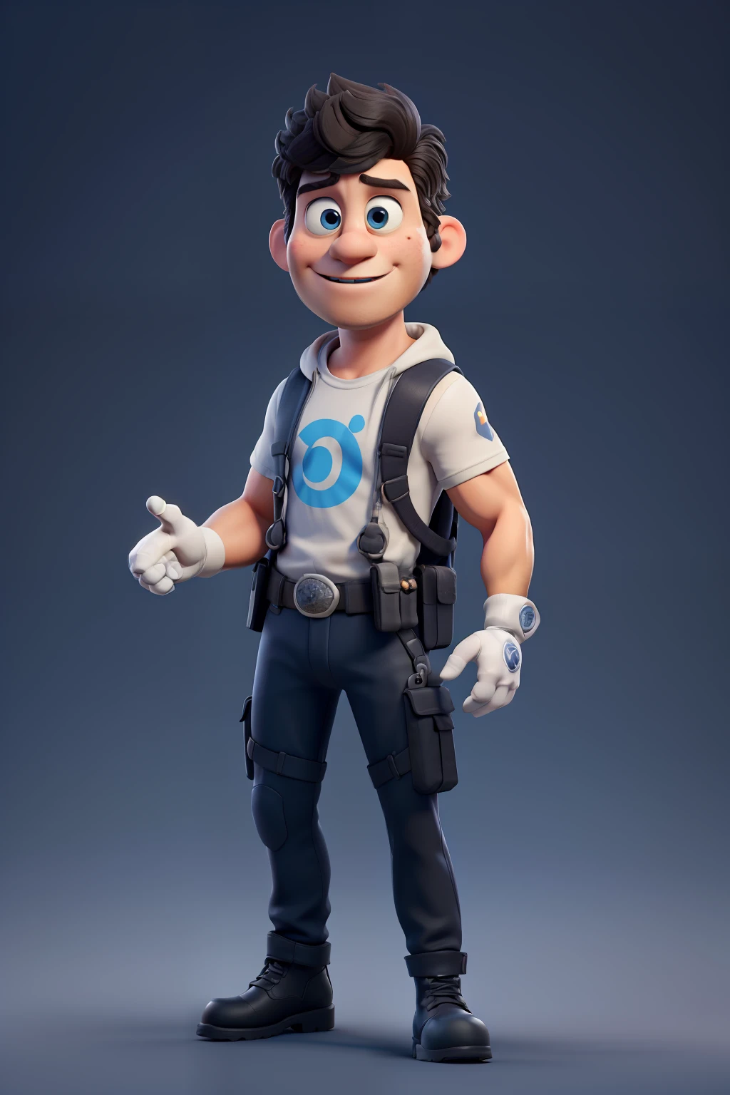 3d character, a very tall man wearing a black commando suit, body builder, very short black hair, blue colored eyes, beautiful big circular reflective eyes, big white gloves, white combat boots, white ammunition belt, black skull-print T-shirt, skull logo on chest, holding a Colt 45 pistol, (film composition), (Pixar-style:1.2), (CGI animation: 1.2), (Disney: 1.2), (animated cartoon: 0.2), (best qualityer, work of art, 4K, ultra detaild, sharp focus, 8K, High definition:1.2), (cf. Danny Mac 3D, por Follygon), (work of art: 1.2), absurdities with parachutes