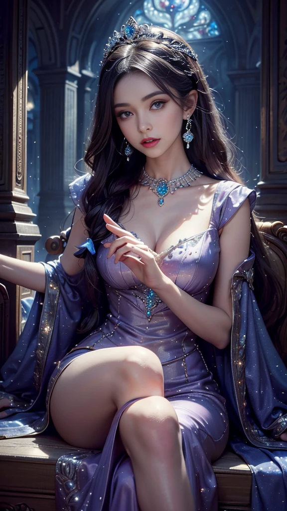 8K ultra hd, masterpiece, best quality, a beautiful girl, long hair, impressive hairstyle, royal hair jewelry, pretty cute face, flawless face, jewellery earrings, antique jewellery, details eyes, beautiful eyes, meticulous makeup, thin eyebrows, beautiful detailed lips, medium breasts, princess dress, purple dress, light purple laces, realistic colors, magic effect, night background, look directly at the audience, sitting,