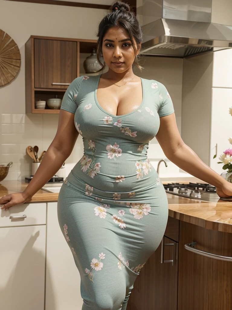 Sri lankan aunty 42 years old curvy body sexy figure fat body hairbun wearing flower pattern tight bodycon dress at kitchen sweating 