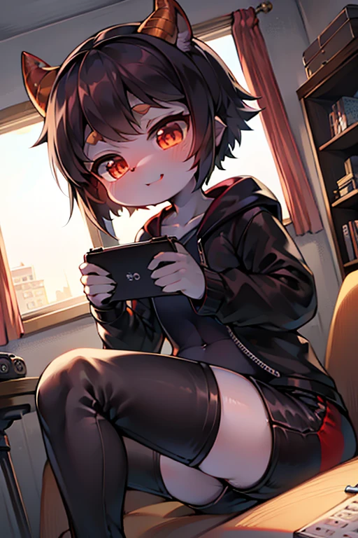 Devil,Devil horns,1 girl, cute cute cute,**** **** ****,happy happy happy,black jacket,sunglasses,cartoon character,chibi character,pop style,black hot pants,Break thick eyebrows,black hair,short hair,perfect hands,perfect face,Break on my room,gaming PC,detailed background,8k quality,masterpiece,best quality,Break she plays PC game.,Break masterpiece,best quality,super detailed,super fine illustration,8k quality,anime style,detailed background,beautiful background,cute angle,