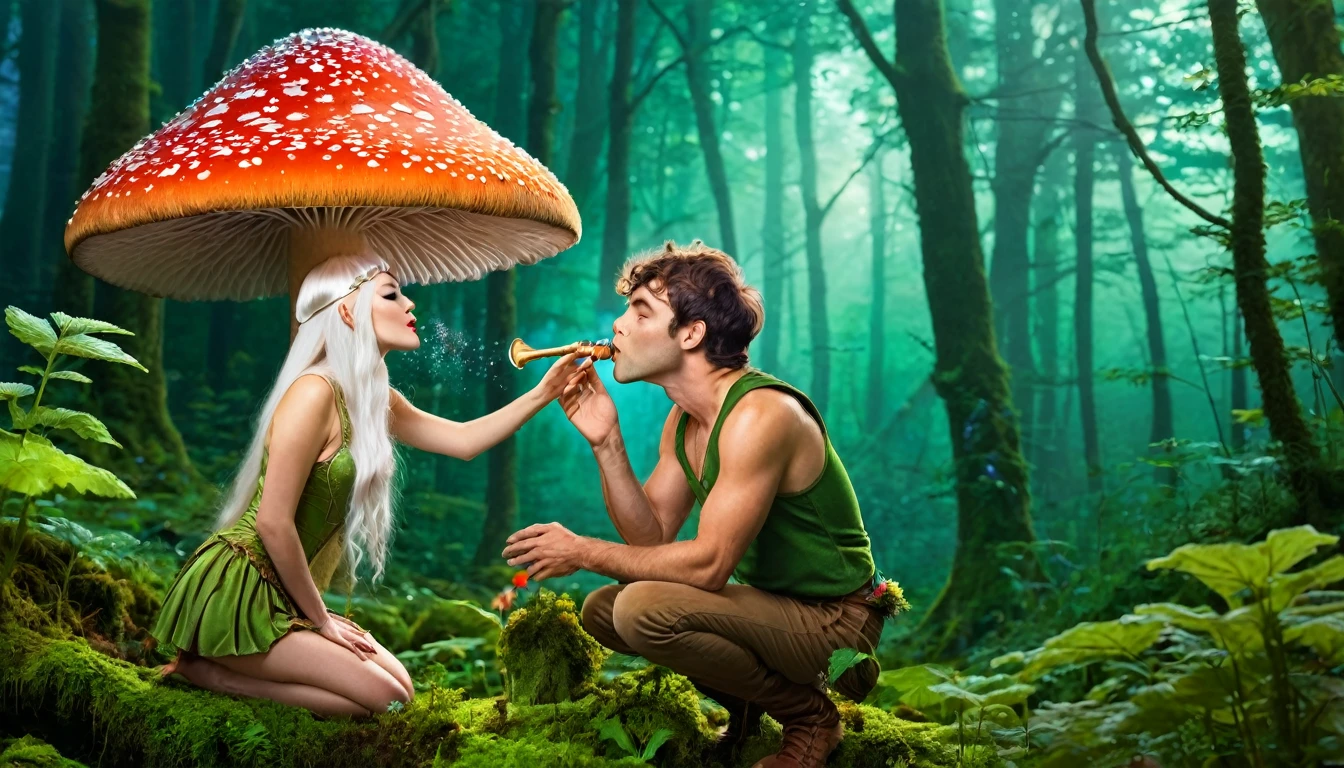 a pixie man kisses a tall fairy under a magic mushroom