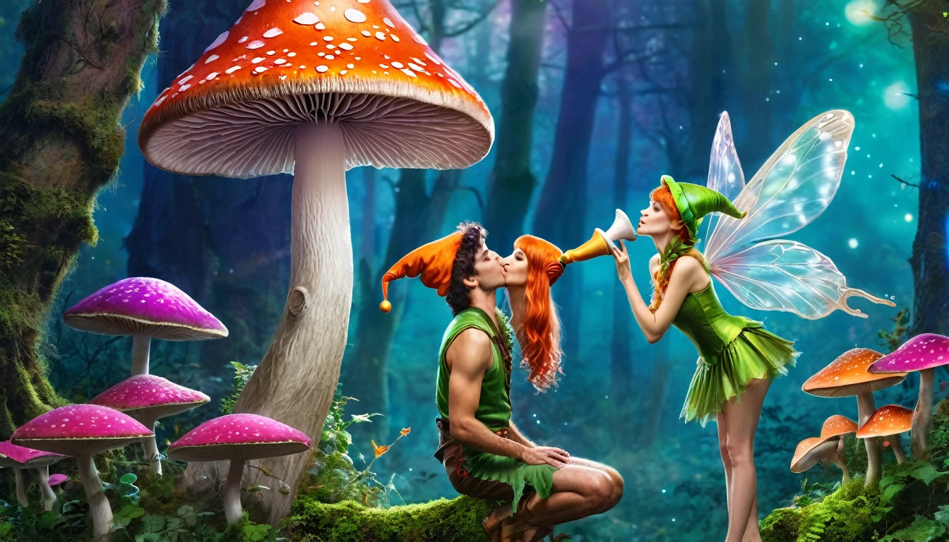 a pixie man kisses a tall fairy under a magic mushroom