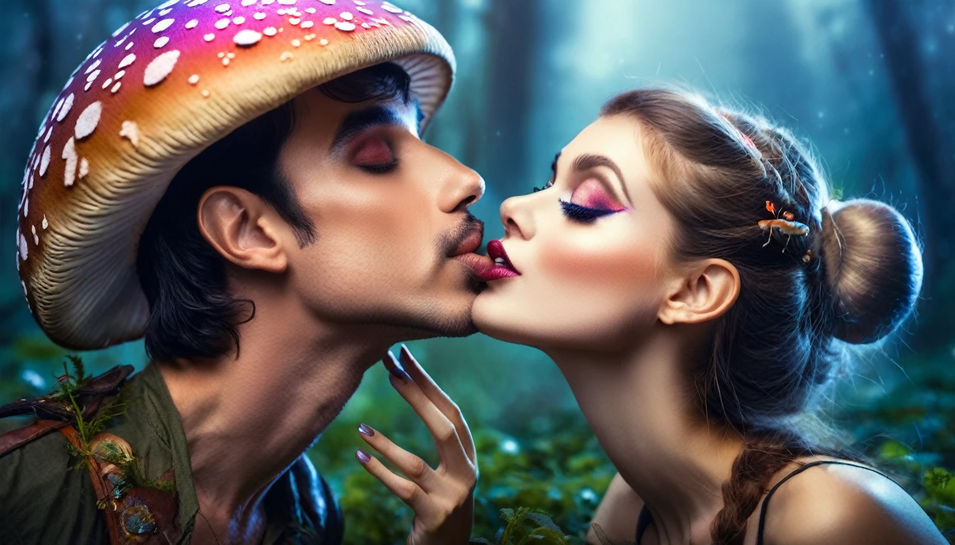 a pixie man kisses a tall fairy under a magic mushroom