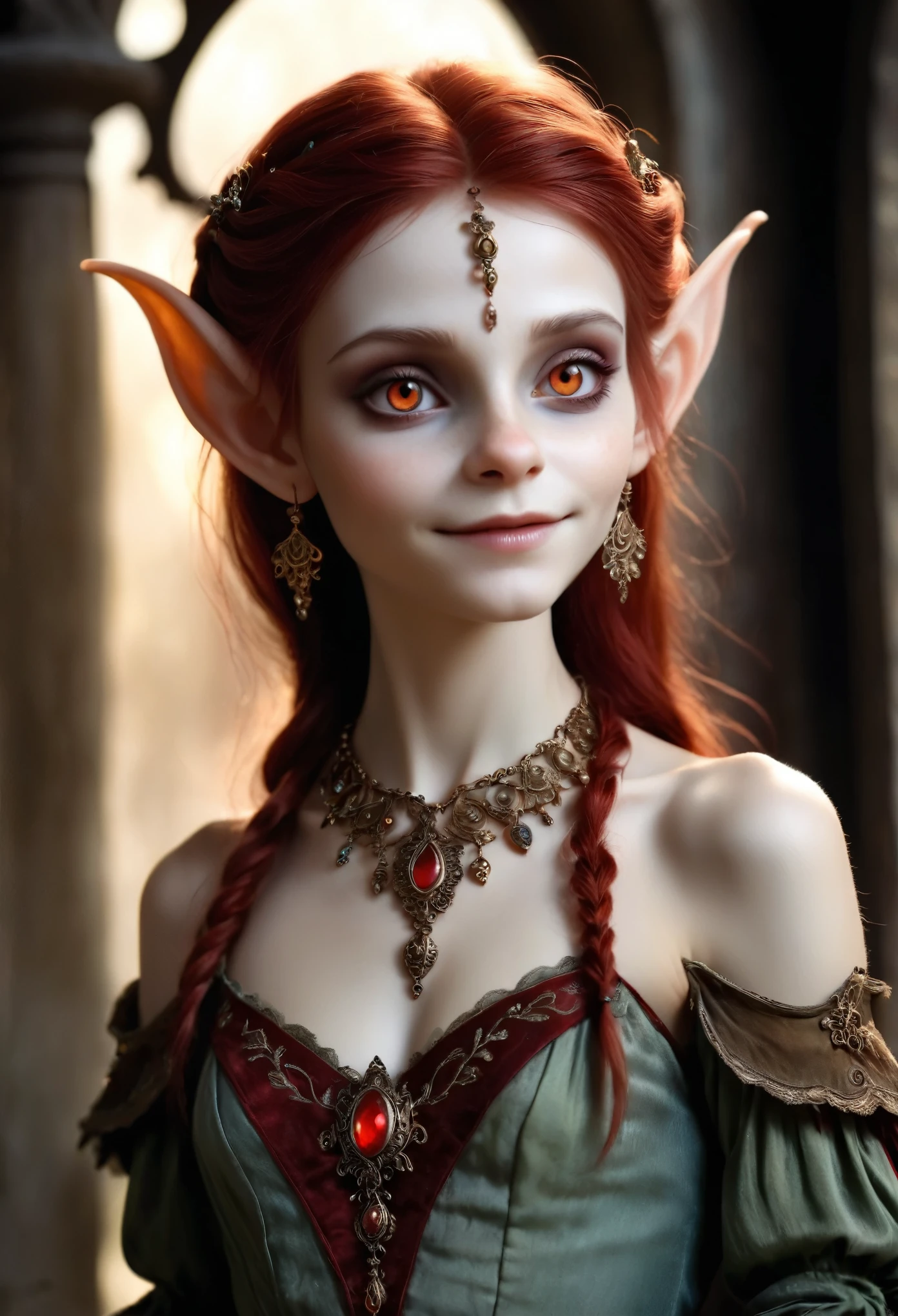 (Realisttic:1.2), analog photo style, (cute goblin wooman looking like elf, intensed red eyes, surrounded by a gloomy antique setting), (her full body s a visual pleasure), faint smile, soft shading expresses beautiful skin texture, sexy and seductive, Graceful curve, light reflection on the floor, ornate embroidery and embellishments, an elegant necklace, thin bracelets on the wrist, rich and lustrous hair, three dimensional effect, gloomy dark atmosphere, play of light in the sun rays, a delicate balance between beauty and darkness, faded colours, great quality, Masterpiece, intricate fantasy background, naturally cinematic light, 16k quality, HDR, RAW photo