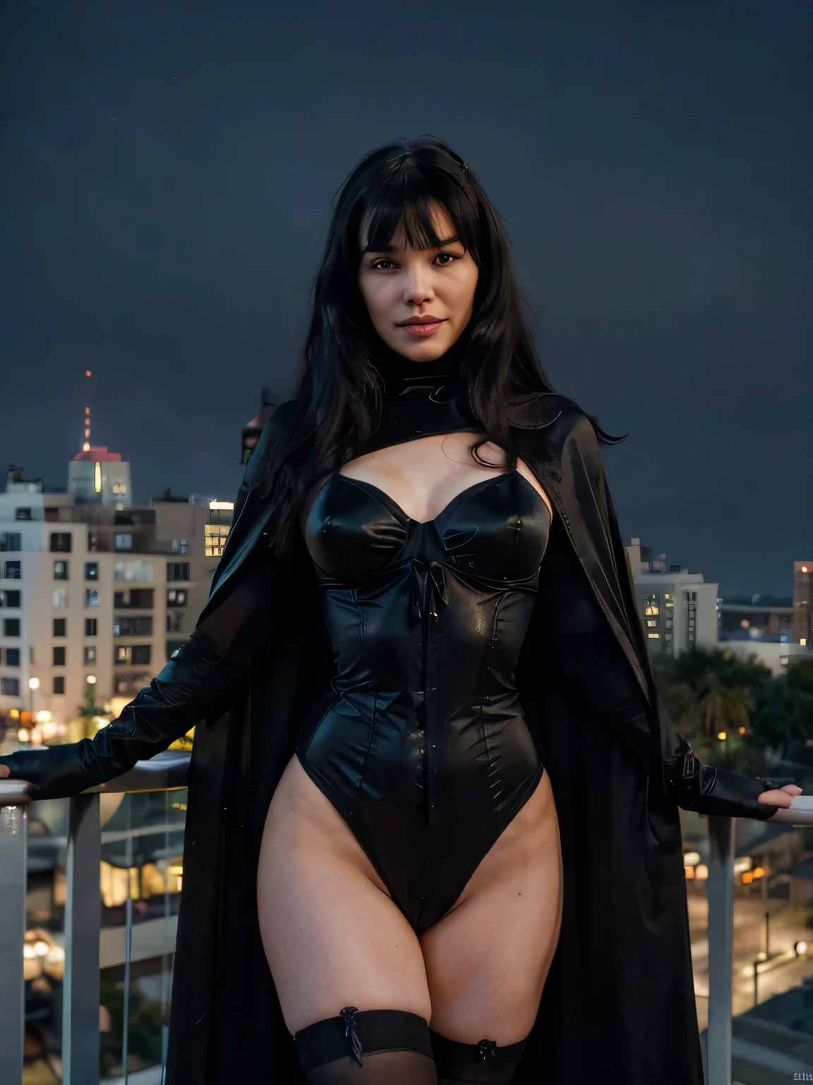 (long black turtleneck cape tied around neck), delicate and beautiful Bettie Page, sensually smiling, flirting with the camera,long black hair, silver corset and short skirt, ((long detailed black gloves)), standing on a balcony immersed in the very strong light of the moon, she is over me and she want to make a blowjob to my cock, , RAW photo, colors, excellent quality, HDR, photographic, extreme realism, fine texture, ultrarealistic, film grain, full length, 8K, vogue , (( the photo is up front))