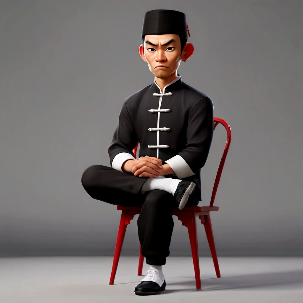 Realistic 5D caricature image of an Indonesian man with full body, short hair, black skullcap, oval face, black long-sleeved Changshan shirt, shirt sleeves rolled up to the elbows. white trim shirt edges, white trim collar edges, white sleeve edges. black wushu pants, black elastic ankle pants, white socks, black traditional Chinese slip-on shoes (Wing Cun shoes). sitting on a chair with a red curtain background, sitting on a red chair (red armrests), sitting on a chair with your legs crossed, left leg on top of your right leg, both hands in your lap. Detailed HD quality 5D cinematic rendering