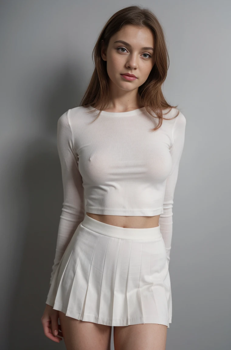 (Best Quality,4k,ultra detailed,realist), slim and muscular fit girl standing, muscled body , (pleated skirt), redhead woman,space, (A white blouse) ,Beautiful face,Blue eyes,detailed eyes, happy face, small breasts:1.1, round breasts:1.1