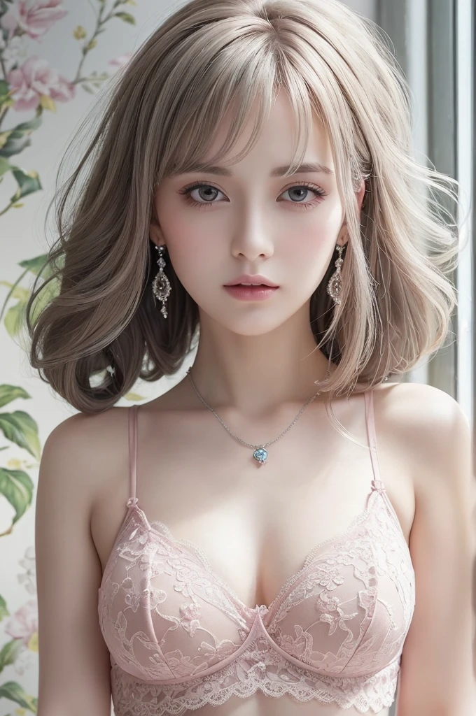 pink lace thong&Good, (((Very elegant and beautiful, Perfect detail, Super detailed))), whole body, The most detailed girl, Depth of written boundary, 美しく詳細なwhole body, Thin legs, 1 girl, 30 years old, Very short hair, Spiked Hair, Gray and silver hair, Beautiful detailed hair, Perfect Face, Expressionless, Beautifully detailed deep eyes, Open your mouth a little, Delicate arms and hands, Pale skin, Earrings, Beautiful and gorgeous necklace, Colorful background, HD background, Blurred Background, Very delicate and beautiful, Masterpiece, (((Highest quality, Very beautiful 8K CG wallpaper))), (((Trendy hairstyles))), (Inside the room,Stylish interior,window),