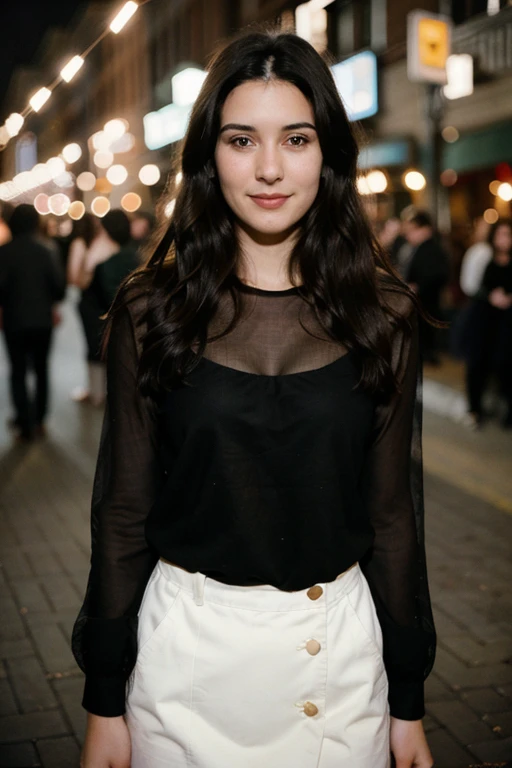 25 year old brunette woman, big black hair, fine and delicate facial features, with a sweet smile, decote,polaroid photo, night photo, photo of 24 y.o beautiful woman, pale skin, bokeh, motion blur, all body