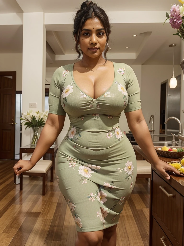 Sri lankan aunty 42 years old curvy body sexy figure fat body hairbun wearing flower pattern tight bodycon dress at kitche 
