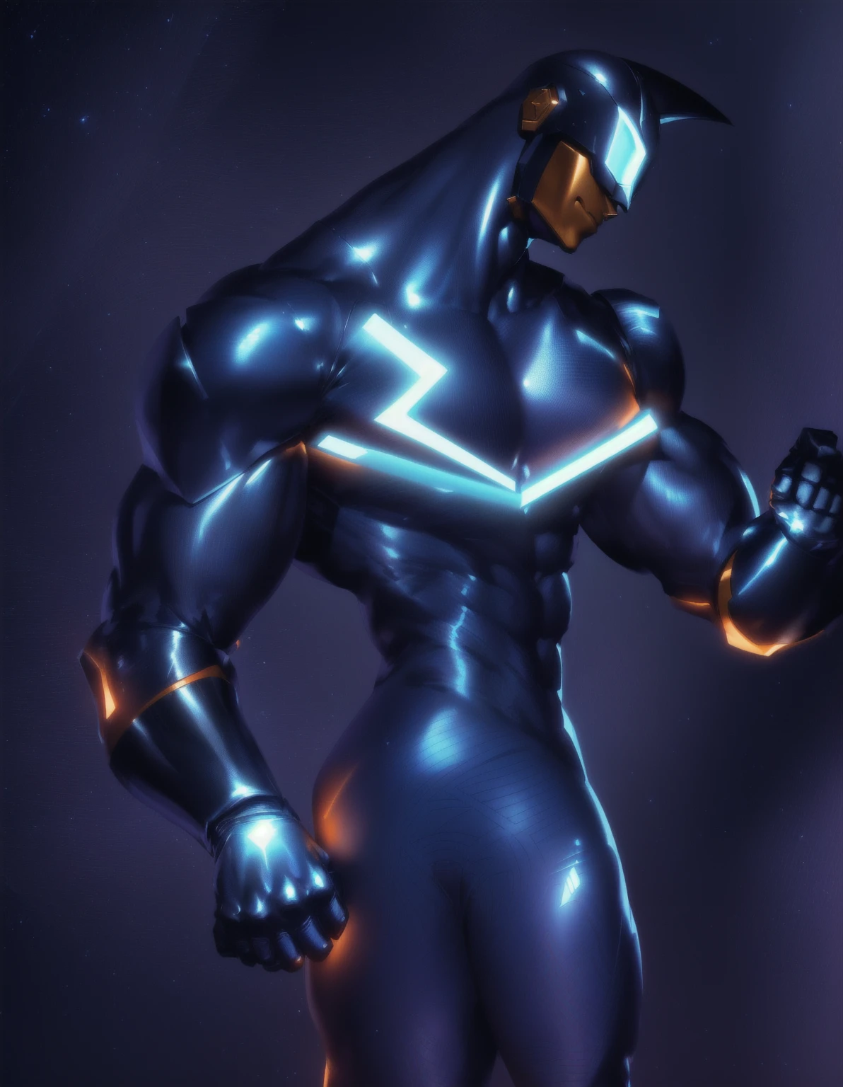 masterpiece, best quality, (extremely detailed CG unity 8k wallpaper), (best quality), (best illustration), (best shadow), superhero, muscular man, he is wearing a shinny metallic dark blue seal skin suit with shinny orange gloves, 'V' shape on chest is orange color, he is wearing a mask with oblong large orange shinny metallic goggles, realistic lighting, (Abyss), beautiful detailed glow, strong hands closed into fists.