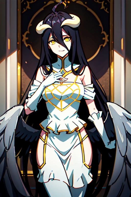 albedow, albedowings, medium breasts, long black hair, yellow eyes, white dress, white elbow gloves, looking at viewer, evil smile, parted lips, cowbot shot, indoors, marble floor
