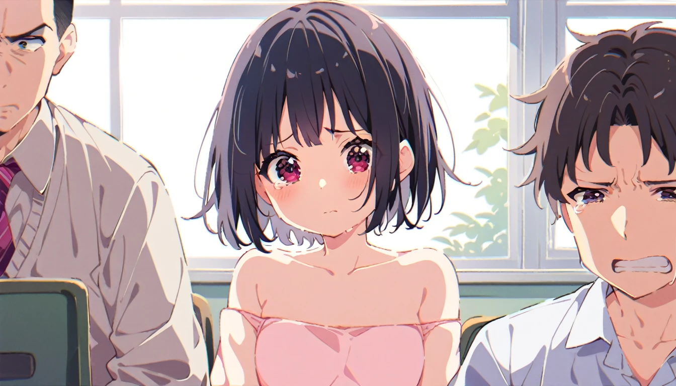 A girl with black bob hair is crying and yelling in disgust、clear、Upper body naked、Pink Panties、Naked middle-aged man has his panties removed、whole body、classroom、Shyness、resistance、fear