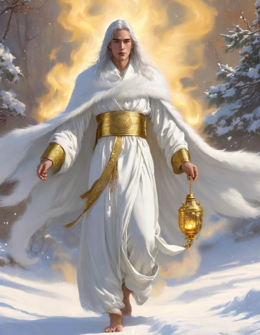 Son of the man, dressed to the feet of a long garment and girded by the chest with a golden belt, his head and fur were white like white wool , like snow, and your eyes, like a flame of fire; and his feet, similar to shiny brass, as if it had been refined in a furnace