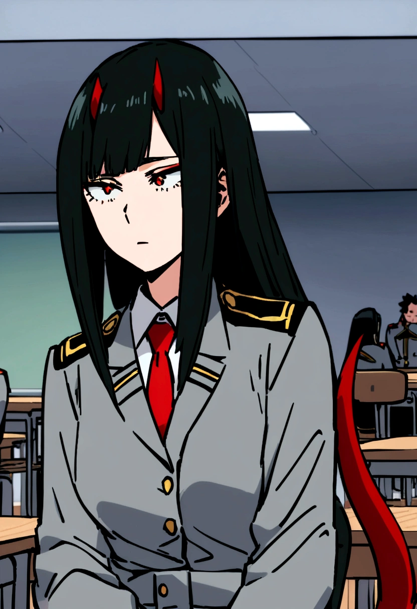 Screenshot of boku no hero academia beautiful dragon girl with four red horns a long thin red tail long straight dark black hair with side bangs sitting in a classroom wearing a red tie uniform and gray jacket thinking it would be