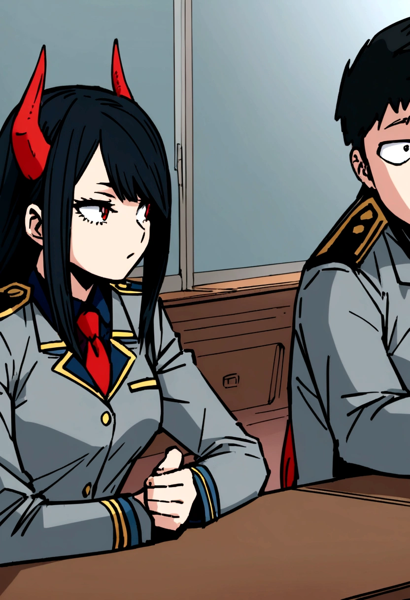 Screenshot of boku no hero academia beautiful dragon girl with four red horns a long thin red tail long straight dark black hair with side bangs sitting in a classroom wearing a red tie uniform and gray jacket thinking it would be 