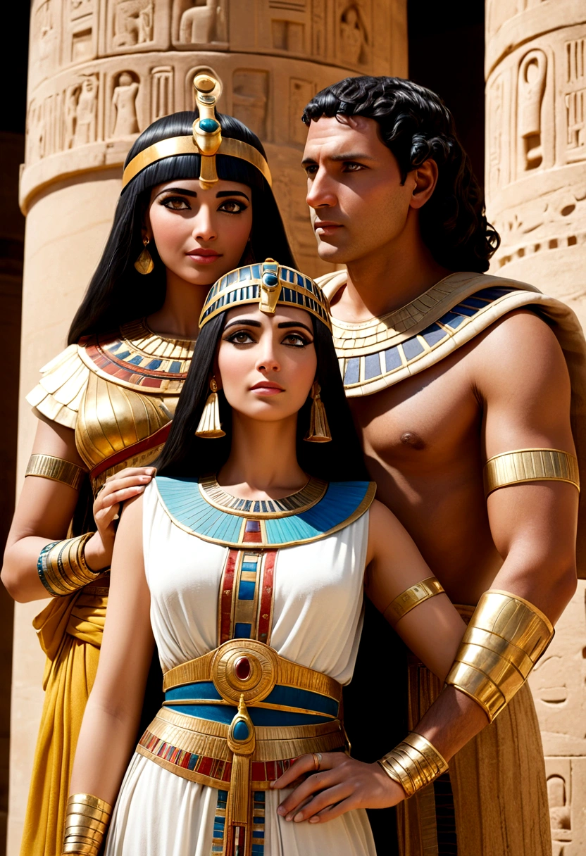 Júlio César e Cleopatra estão abraçados, their faces close, with expressions of tenderness and passion. Cleopatra, with your bright eyes and a slight smile, gently touches Caesar's face, who looks at her with affection and admiration. They are dressed in royal Roman and Egyptian costumes, respectively, in an opulent setting with historic elements, such as ancient columns and decorations, symbolizing the power and beauty of their cultures.
