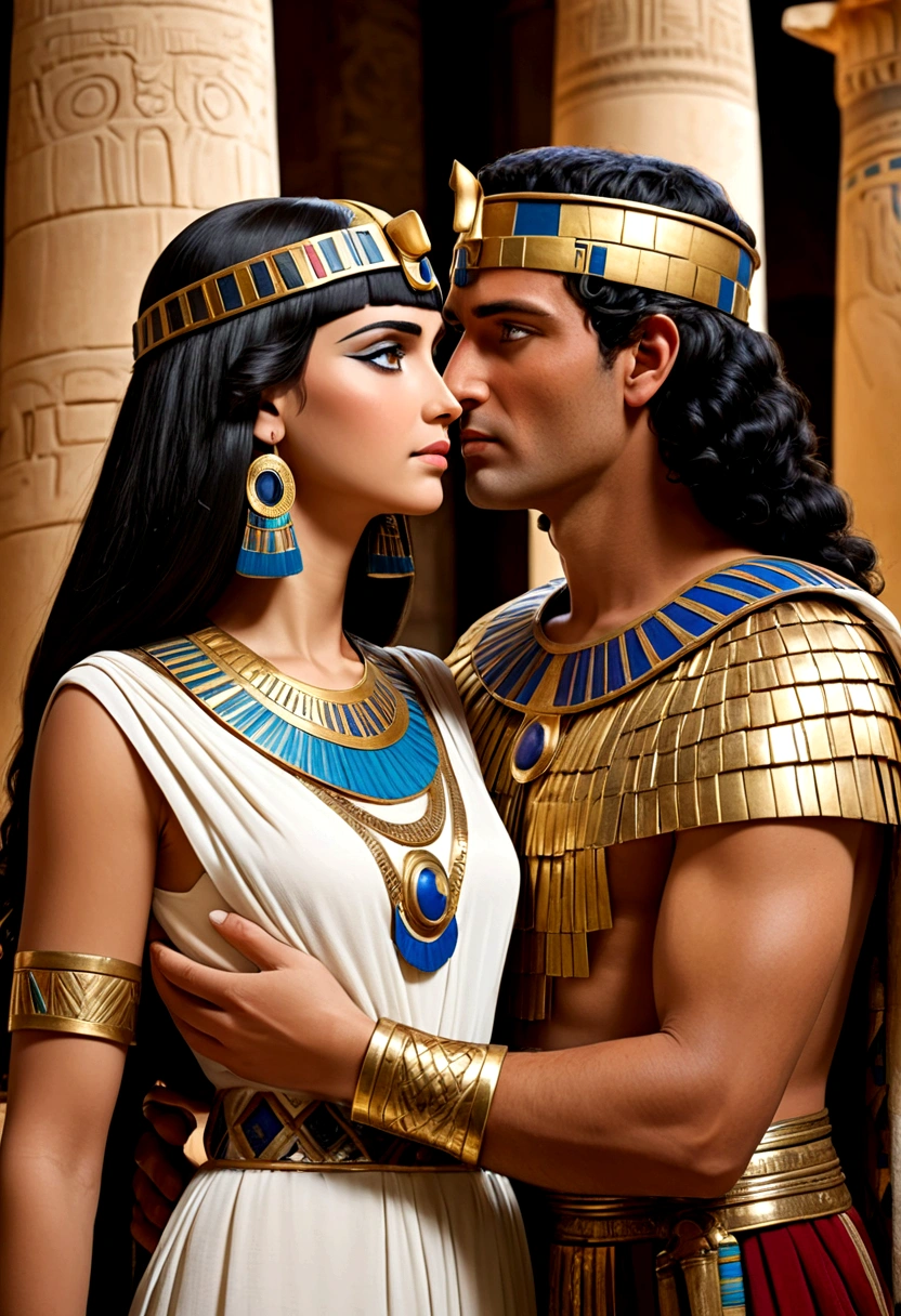 Júlio César e Cleopatra estão abraçados, their faces close, with expressions of tenderness and passion. Cleopatra, with your bright eyes and a slight smile, gently touches Caesar's face, who looks at her with affection and admiration. They are dressed in royal Roman and Egyptian costumes, respectively, in an opulent setting with historic elements, such as ancient columns and decorations, symbolizing the power and beauty of their cultures.