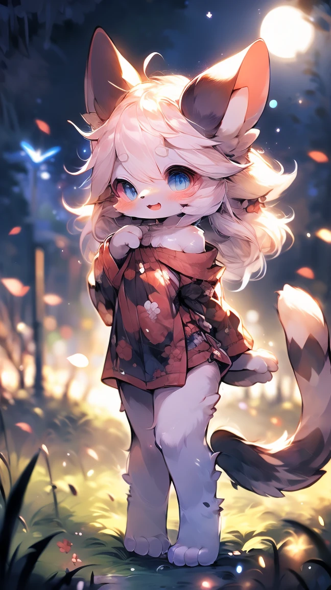Extremely detailed, beautiful, Fair, masterpiece, best quality, Calming color palette, Peace of mind,White,White绒毛,Fluffy white ears and tail, blush,HD Wallpapers,16k resolution, Deep blue eyes,Like the eyes of the galaxy,hairy尾巴,粉色Cat耳朵,Plush body,paw,hairy,浑身hairy,Long legs,blush,Open your mouth,Loose clothing,Off-shoulder,White毛发,grassland,moonlight,Cat,like,Shy,Wink
