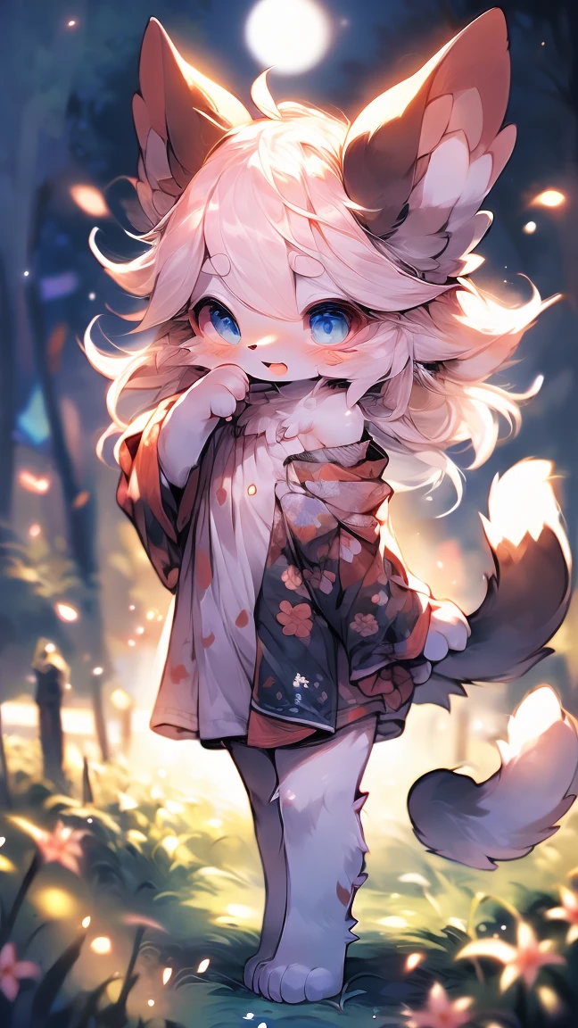 Extremely detailed, beautiful, Fair, masterpiece, best quality, Calming color palette, Peace of mind,White,White绒毛,Fluffy white ears and tail, blush,HD Wallpapers,16k resolution, Deep blue eyes,Like the eyes of the galaxy,hairy尾巴,粉色Cat耳朵,Plush body,paw,hairy,浑身hairy,Long legs,blush,Open your mouth,Loose clothing,Off-shoulder,White毛发,grassland,moonlight,Cat,like,Shy,Wink